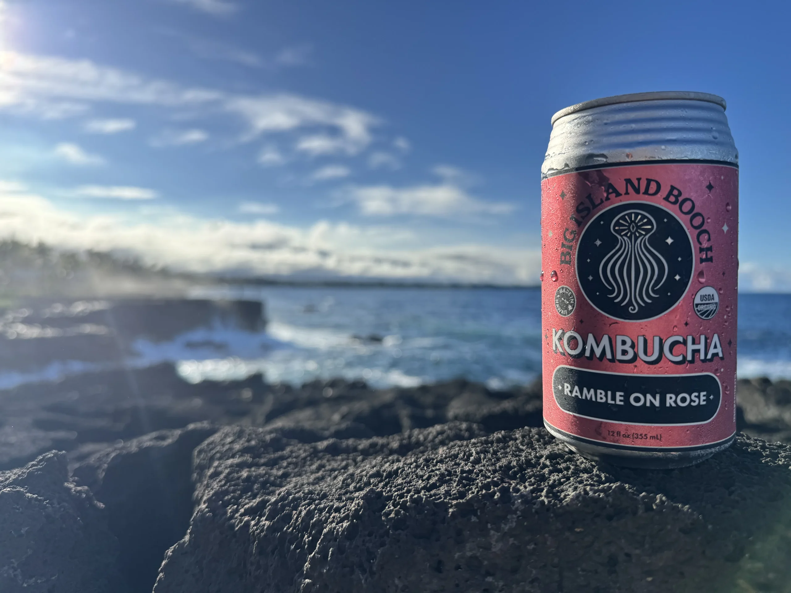 Big Island Booch Ramble on Rose kombucha can on lava rock above the ocean
