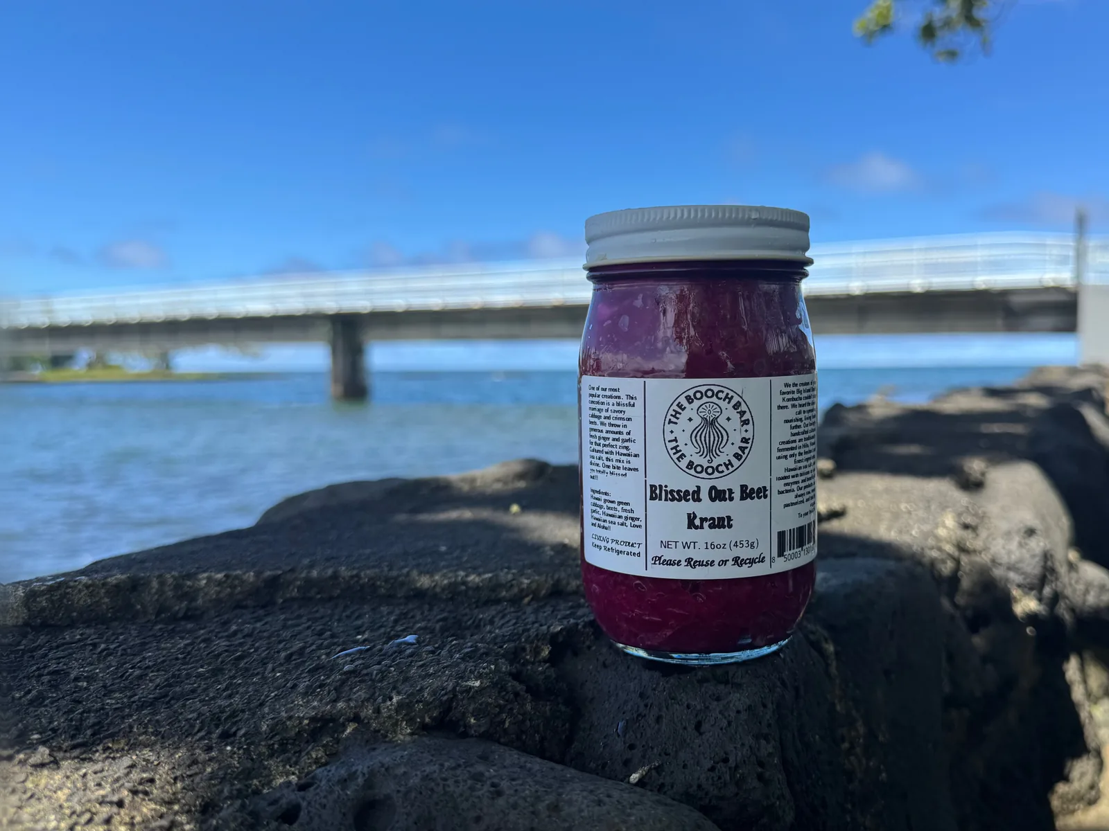 A 16 oz jar of Big Island Booch Blissed Out Beet kraut, magenta, on lava rock at Hilo Bay